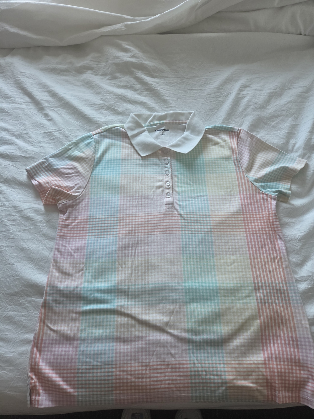 Lands' End Pastel Plaid Polo in White with Mint, Pink, Blue, Yellow
